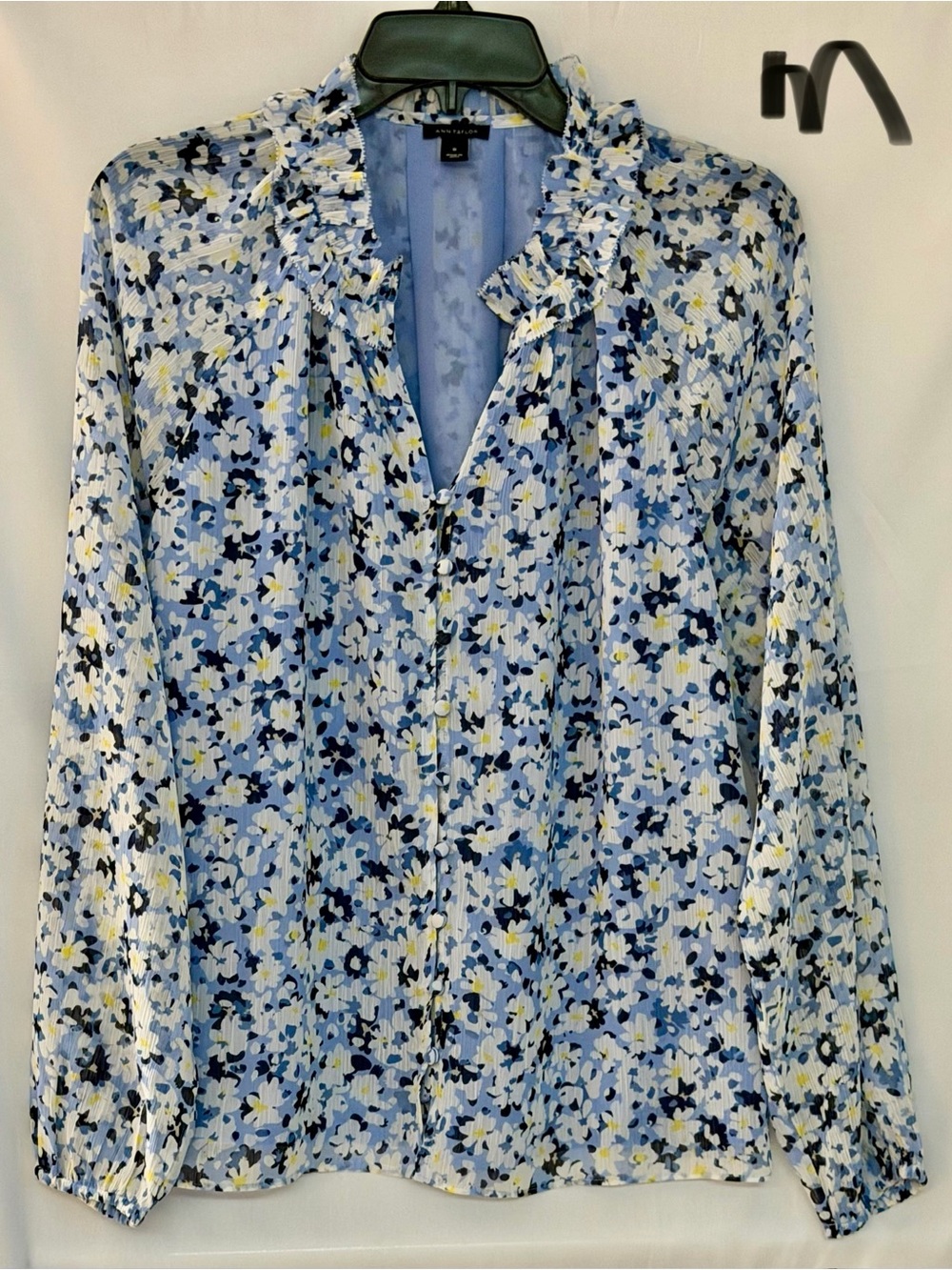 Ann Taylor Light Blue Floral Ruffle V-Neck Blouse